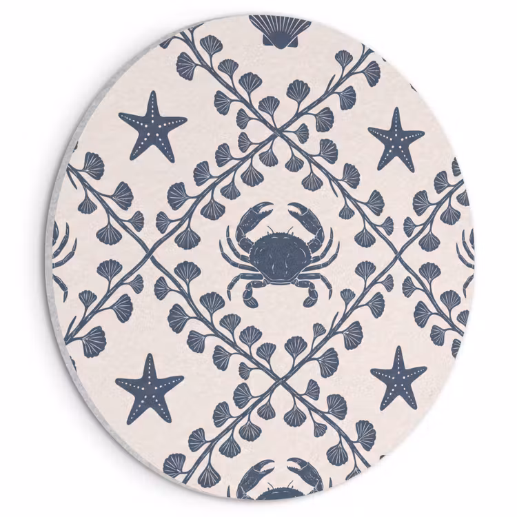 Zee - Krab - Zeester - Patroon - Blauw Akoestische PET Vilt - Rond klein -3d