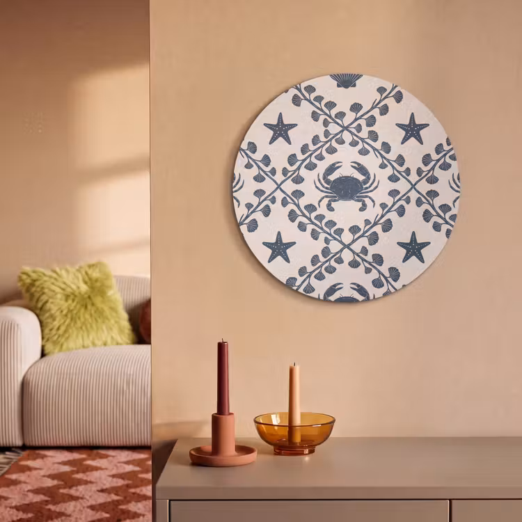 Zee - Krab - Zeester - Patroon - Blauw Akoestische PET Vilt - Rond klein -sfeer1