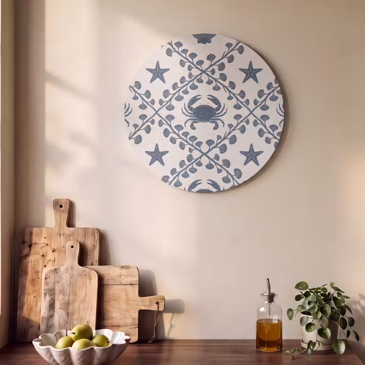 Zee - Krab - Zeester - Patroon - Blauw Akoestische PET Vilt - Rond klein -sfeer2