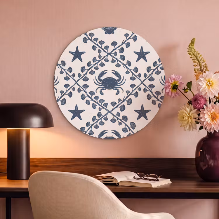 Zee - Krab - Zeester - Patroon - Blauw Akoestische PET Vilt - Rond klein -sfeer3