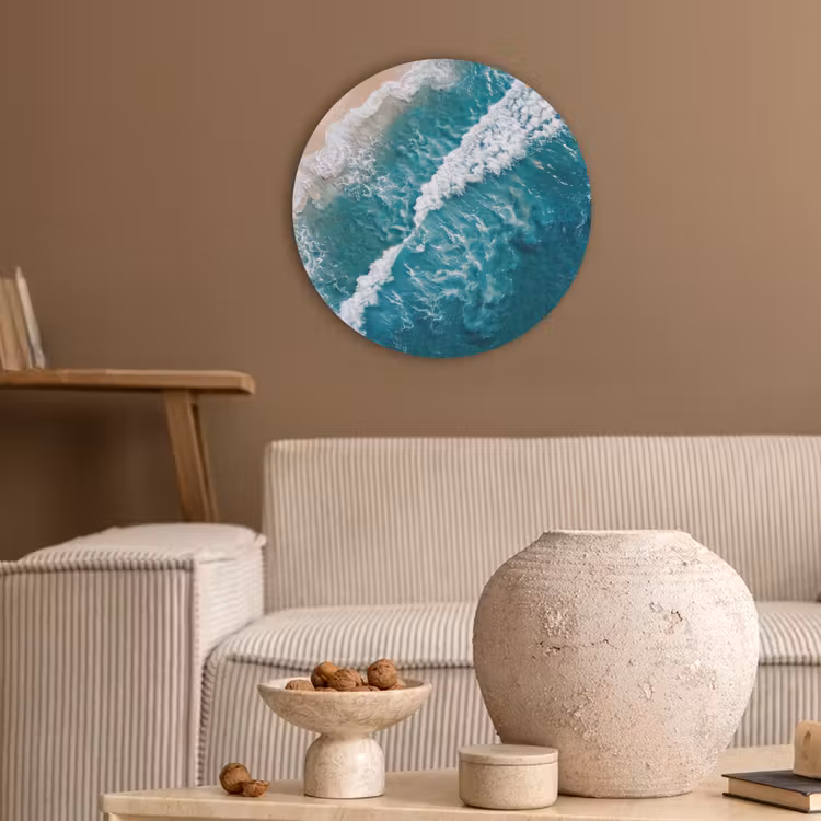 Zee - Strand - Golven - Natuur - Blauw Akoestische PET Vilt - Rond klein -sfeer1