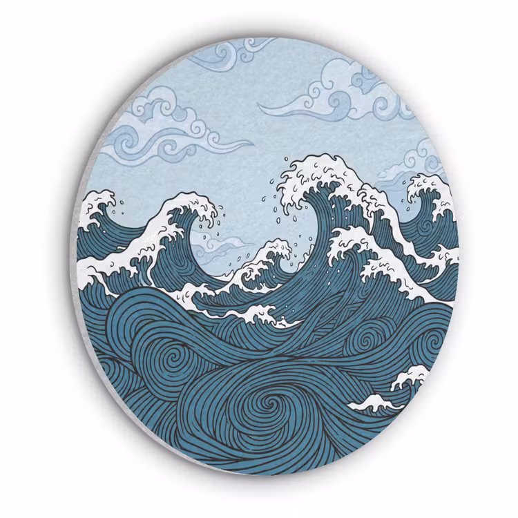 Zee - Golven - Japans - Natuur - Blauw Akoestische PET Vilt - Rond klein -3d