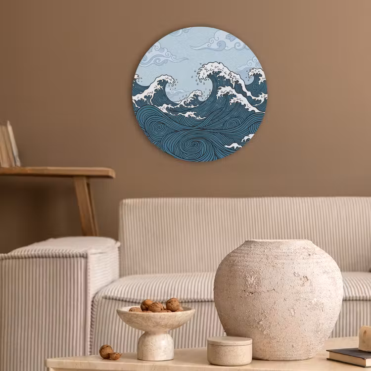 Zee - Golven - Japans - Natuur - Blauw Akoestische PET Vilt - Rond klein -sfeer1
