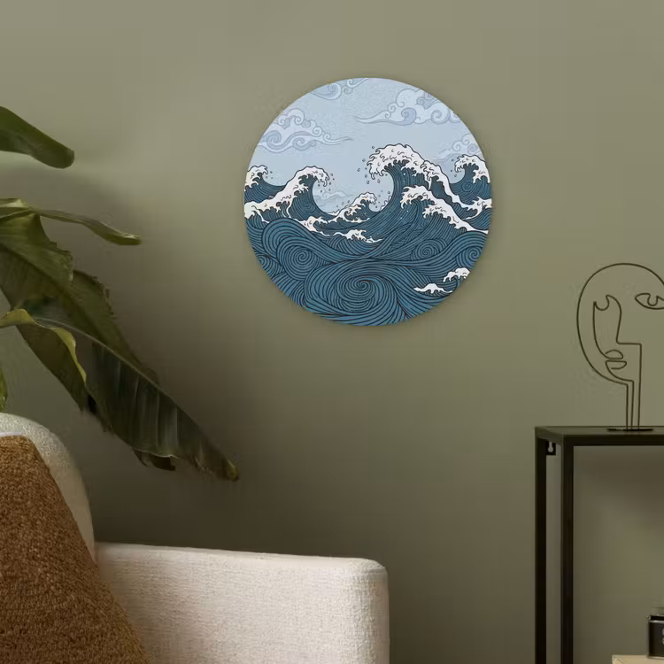 Zee - Golven - Japans - Natuur - Blauw Akoestische PET Vilt - Rond klein -sfeer2