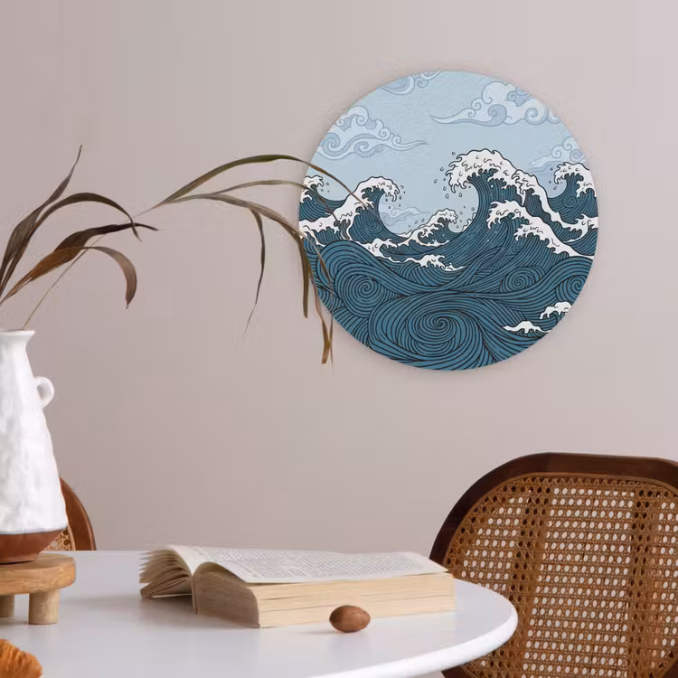 Zee - Golven - Japans - Natuur - Blauw Akoestische PET Vilt - Rond klein -sfeer3