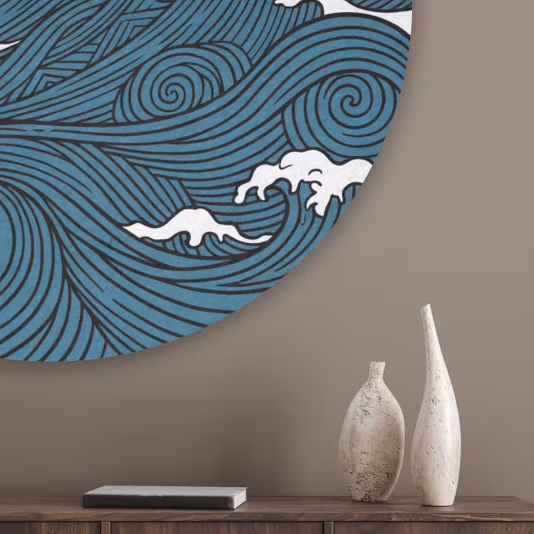Zee - Golven - Japans - Natuur - Blauw Akoestische PET Vilt - Rond klein -sfeer5_closeup