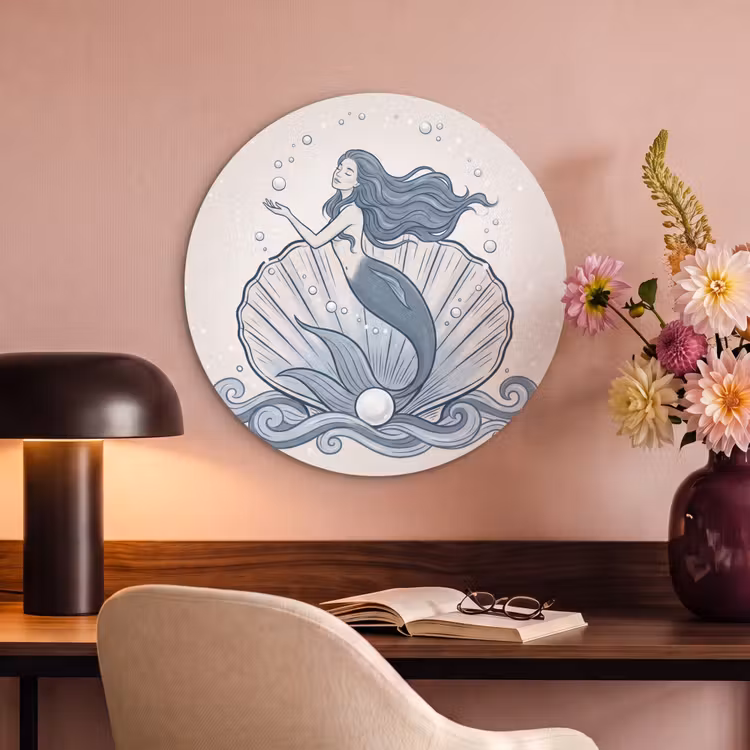 Zeemeermin - Schelp - Zee - Fantasie - Blauw Akoestische PET Vilt - Rond klein -sfeer3