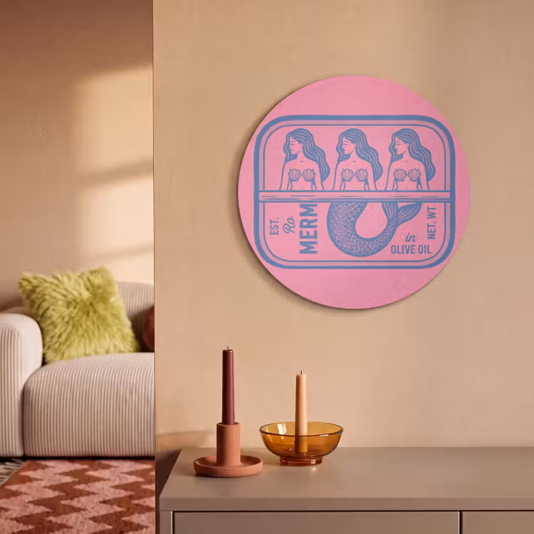 Meermin - Sardineblik - Illustratie - Roze - Retro Akoestische PET Vilt - Rond klein -sfeer1
