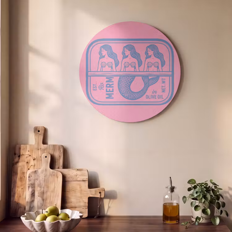 Meermin - Sardineblik - Illustratie - Roze - Retro Akoestische PET Vilt - Rond klein -sfeer2