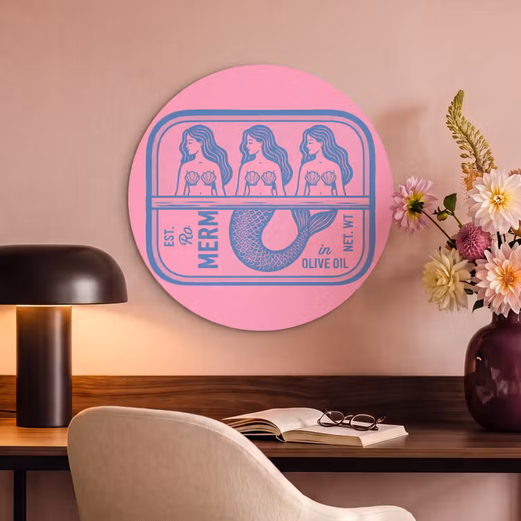 Meermin - Sardineblik - Illustratie - Roze - Retro Akoestische PET Vilt - Rond klein -sfeer3