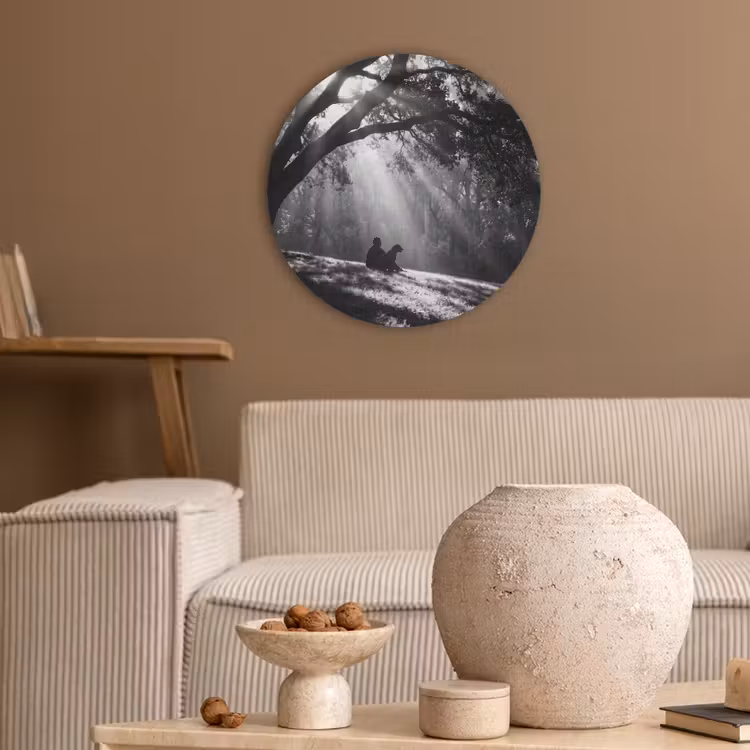 Mens - Hond - Natuur - Zwart-wit - Silhouet Akoestische PET Vilt - Rond klein -sfeer1