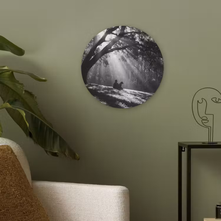 Mens - Hond - Natuur - Zwart-wit - Silhouet Akoestische PET Vilt - Rond klein -sfeer2