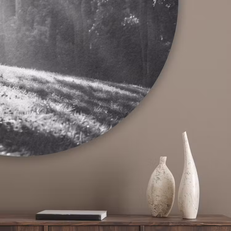 Mens - Hond - Natuur - Zwart-wit - Silhouet Akoestische PET Vilt - Rond klein -sfeer5_closeup