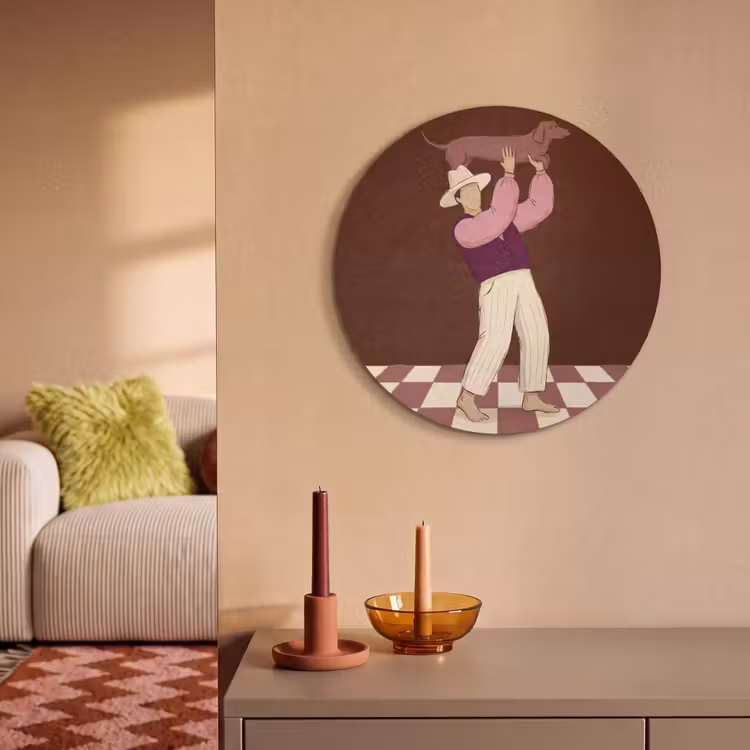 Mens - Hond - Dieren - Abstract - Roze Akoestische PET Vilt - Rond klein -sfeer1