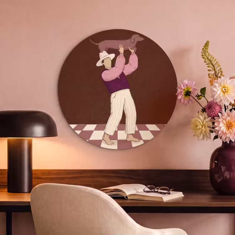 Mens - Hond - Dieren - Abstract - Roze Akoestische PET Vilt - Rond klein -sfeer3