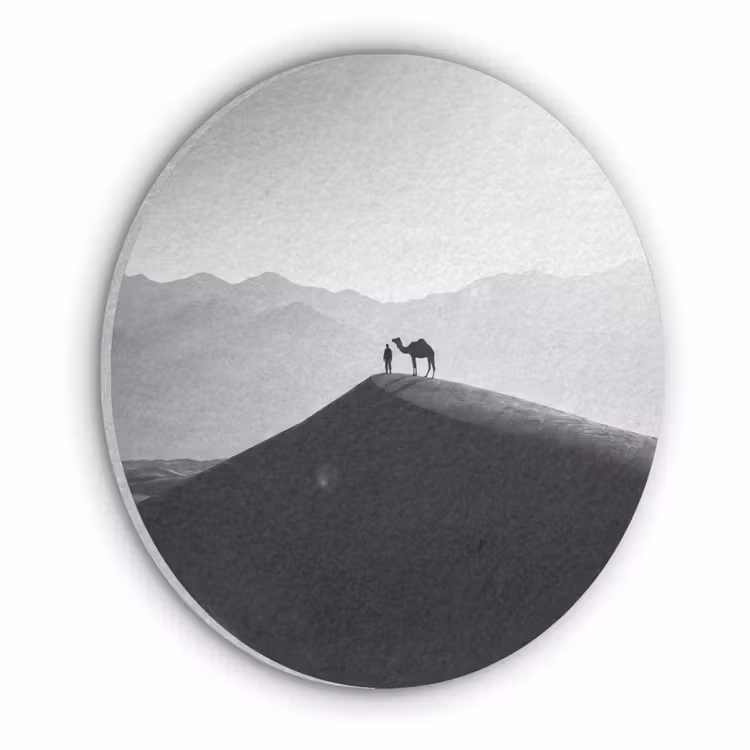 Mens - Kameel - Zandduin - Natuur - Monochroom Akoestische PET Vilt - Rond klein -3d