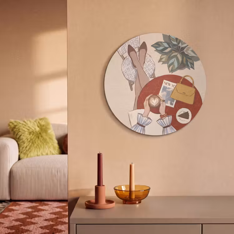 Mensen - Cafe - Koffie - Stadsleven - Modern Akoestische PET Vilt - Rond klein -sfeer1
