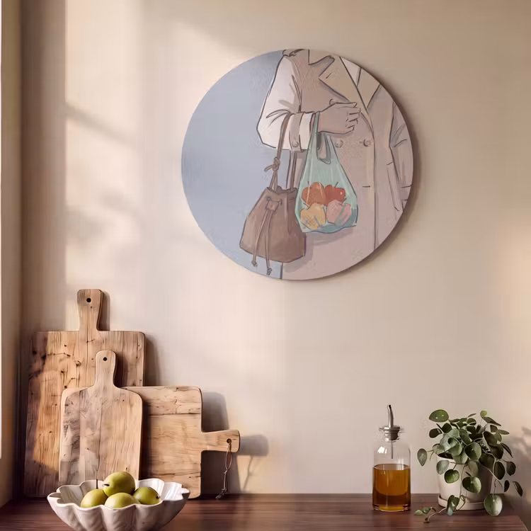Mensen - Boodschappen - Stadsleven - Modern - Kleurrijk Akoestische PET Vilt - Rond klein -sfeer2
