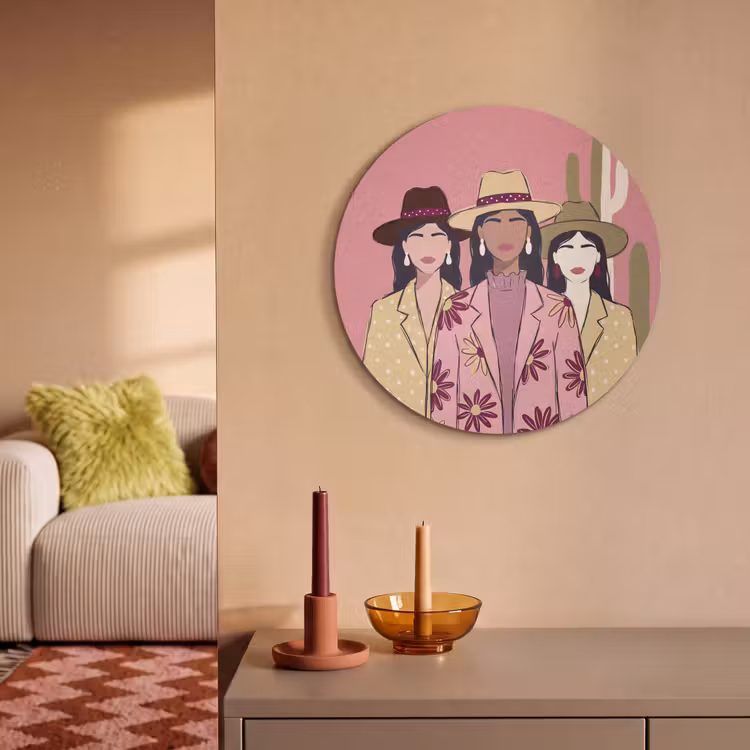 Mensen - Hoeden - Abstract - Roze - Portret Akoestische PET Vilt - Rond klein -sfeer1