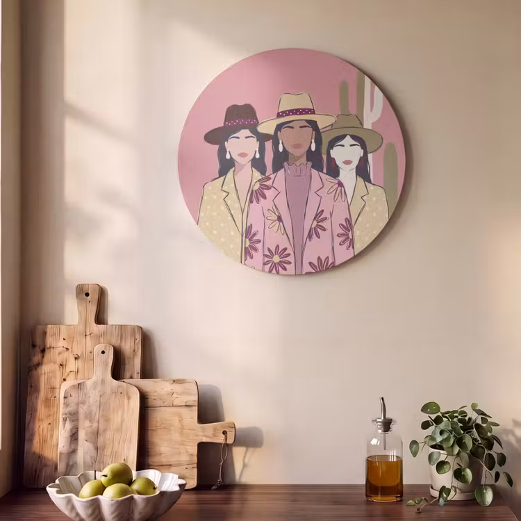 Mensen - Hoeden - Abstract - Roze - Portret Akoestische PET Vilt - Rond klein -sfeer2