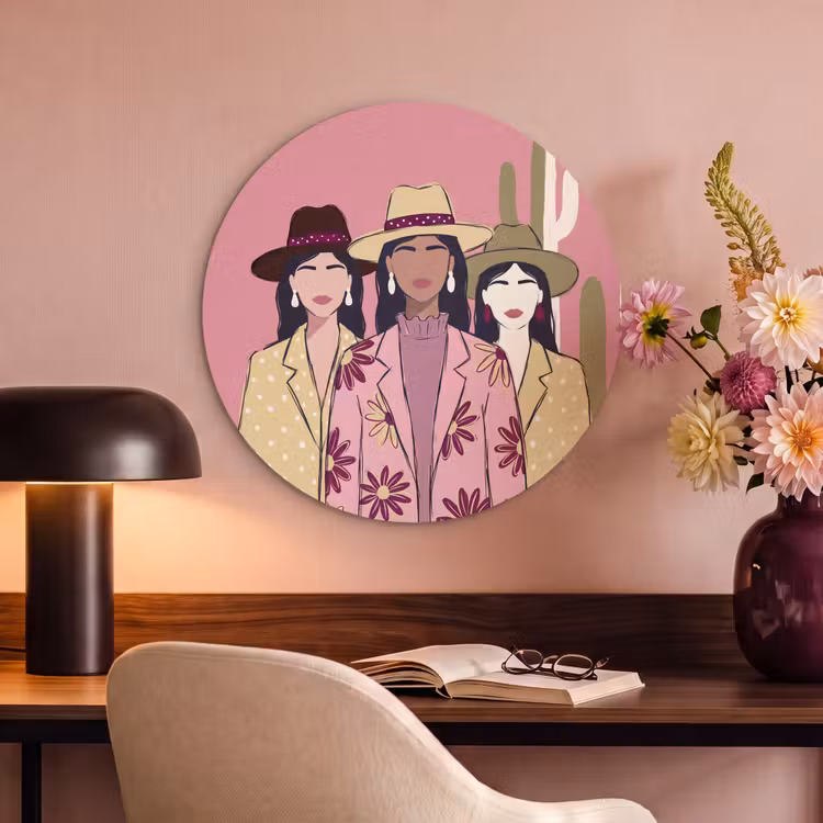 Mensen - Hoeden - Abstract - Roze - Portret Akoestische PET Vilt - Rond klein -sfeer3