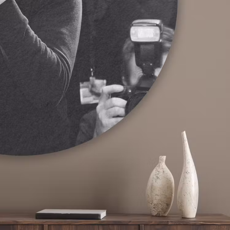 Mensen - Camera - Flitslicht - Zwart-wit - Media Akoestische PET Vilt - Rond klein -sfeer5_closeup