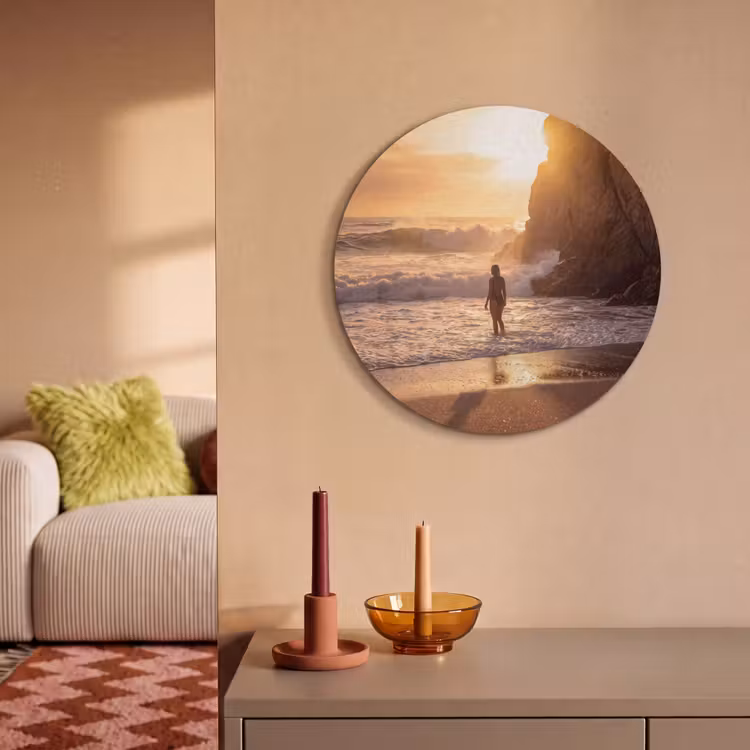 Mensen - Oceaan - Zonsondergang - Kust - Goud Akoestische PET Vilt - Rond klein -sfeer1