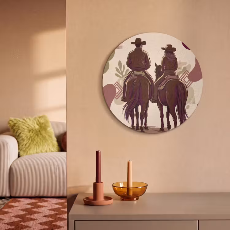 Mensen - Ruiters - Western - Illustratie - Bruin Akoestische PET Vilt - Rond klein -sfeer1
