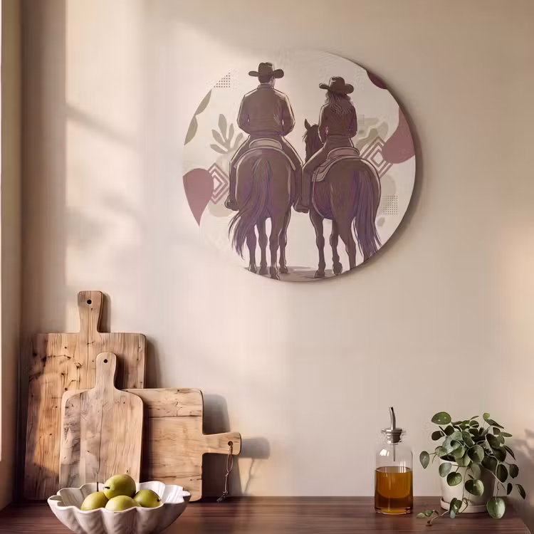 Mensen - Ruiters - Western - Illustratie - Bruin Akoestische PET Vilt - Rond klein -sfeer2