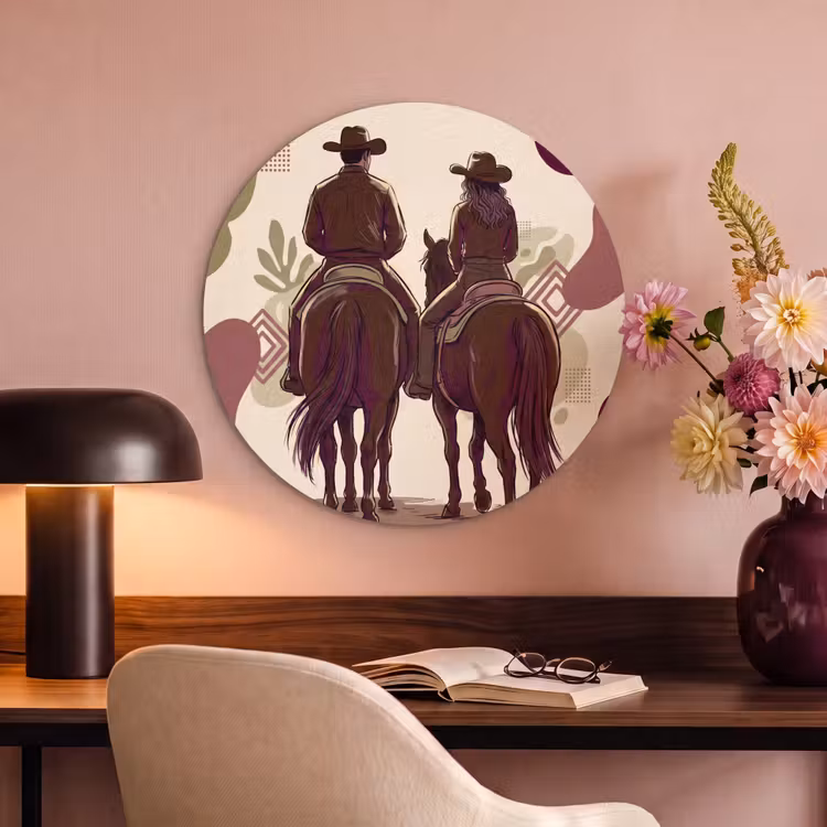 Mensen - Ruiters - Western - Illustratie - Bruin Akoestische PET Vilt - Rond klein -sfeer3
