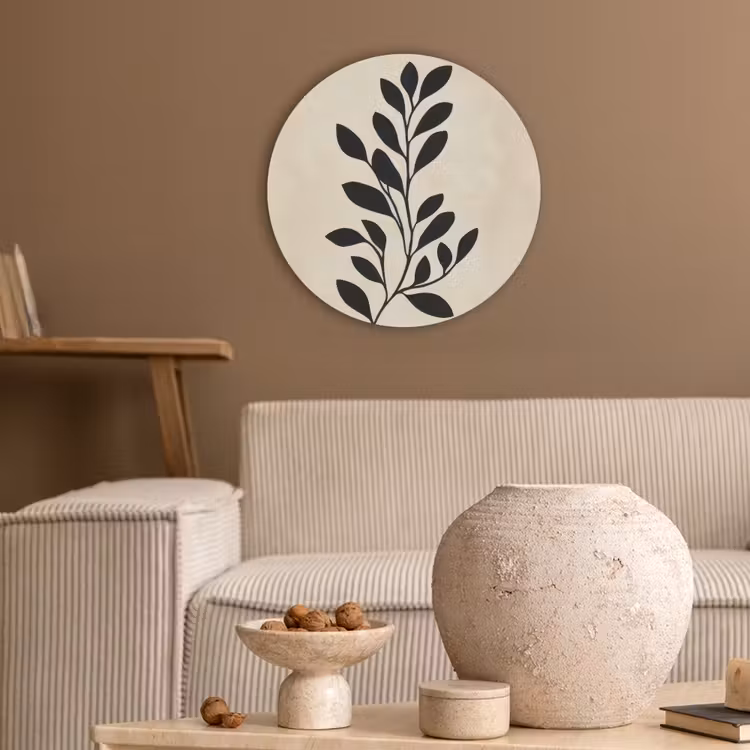Minimalistisch - Tak - Bladeren - Zwart Akoestische PET Vilt - Rond klein -sfeer1