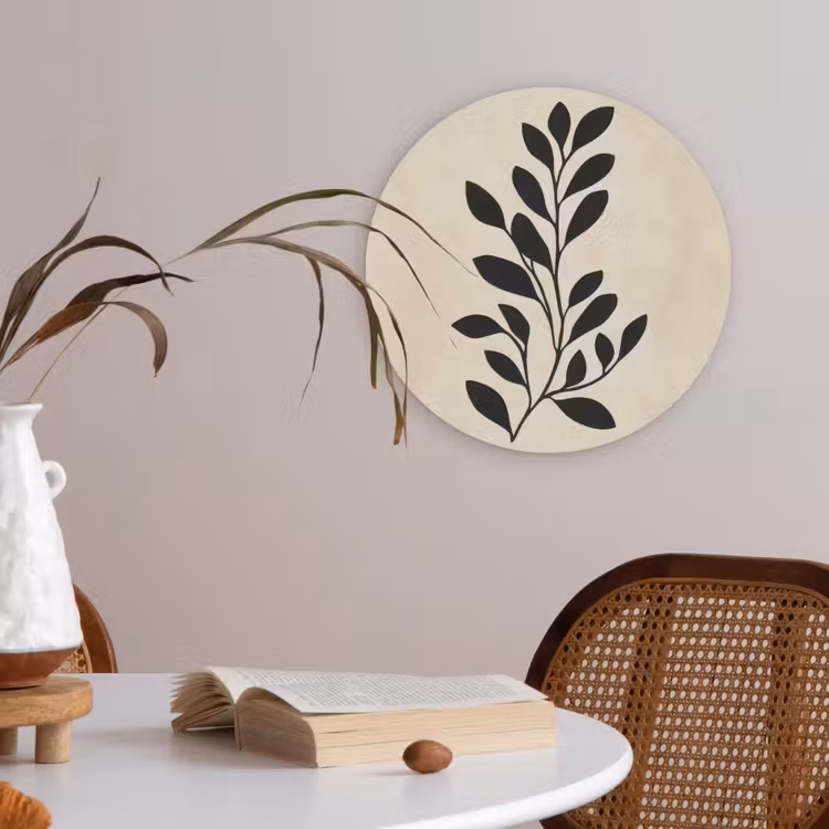 Minimalistisch - Tak - Bladeren - Zwart Akoestische PET Vilt - Rond klein -sfeer3