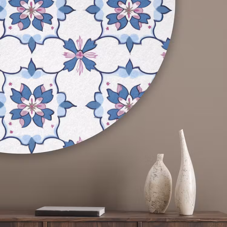 Modern - Patroon - Blauw - Roze Akoestische PET Vilt - Rond klein 838 -sfeer5_closeup