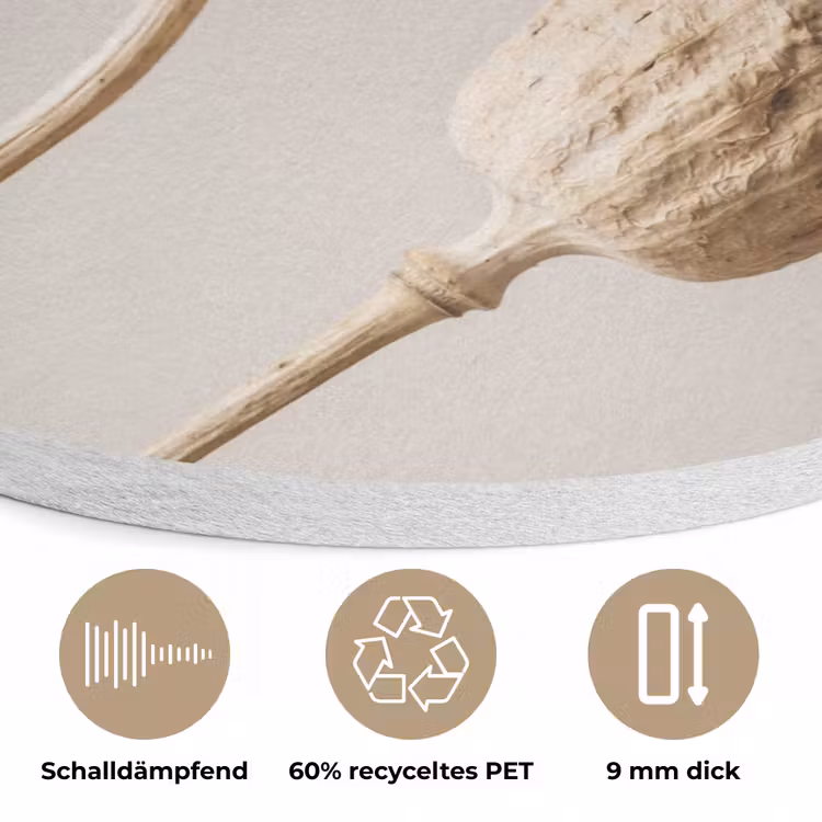Papaverbollen - Droogbloemen - Minimalistisch - Beige - Rustig Akoestische PET Vilt - Rond klein -closeup_DE