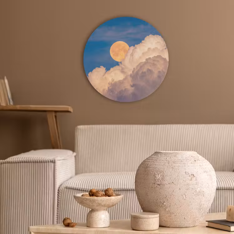Maan - Wolken - Natuur - Oranje Akoestische PET Vilt - Rond klein -sfeer1