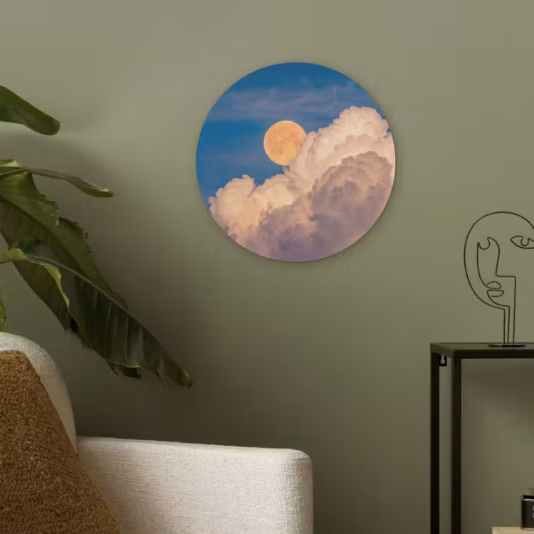 Maan - Wolken - Natuur - Oranje Akoestische PET Vilt - Rond klein -sfeer2