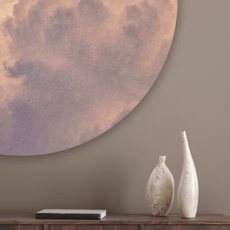 Maan - Wolken - Natuur - Oranje Akoestische PET Vilt - Rond klein -sfeer5_closeup