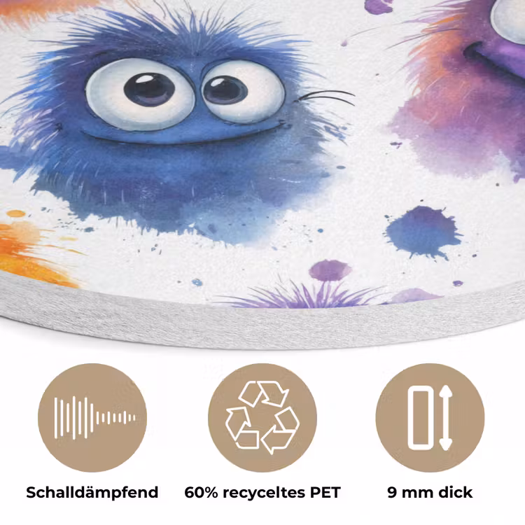 Monstertjes - Aquarel - Kleurrijk Akoestische PET Vilt - Rond klein 838 -closeup_DE