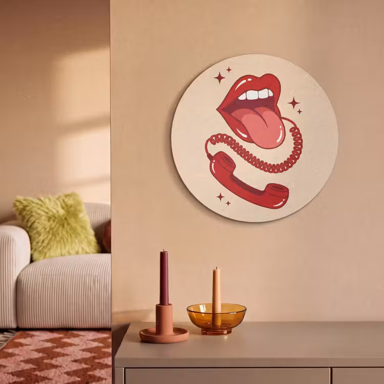 Mond - Telefoon - Popart - Rood - Illustratie Akoestische PET Vilt - Rond klein -sfeer1