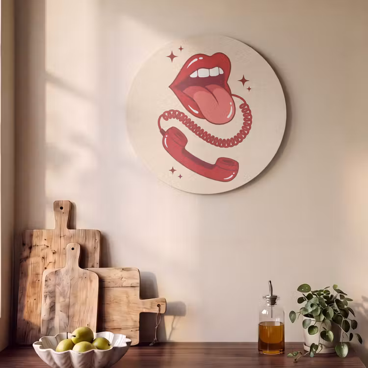 Mond - Telefoon - Popart - Rood - Illustratie Akoestische PET Vilt - Rond klein -sfeer2