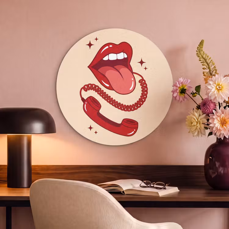 Mond - Telefoon - Popart - Rood - Illustratie Akoestische PET Vilt - Rond klein -sfeer3