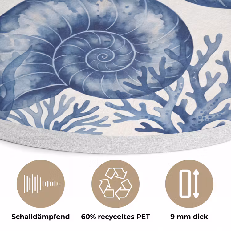 Schelp - Spiraal - Zeeleven - Aquarel - Blauw Akoestische PET Vilt - Rond klein -closeup_DE