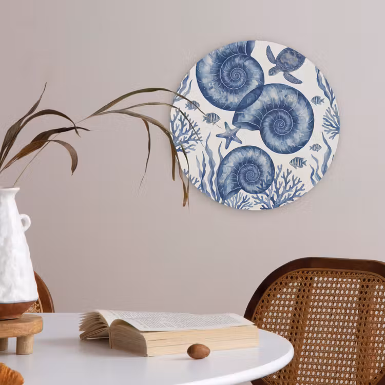 Schelp - Spiraal - Zeeleven - Aquarel - Blauw Akoestische PET Vilt - Rond klein -sfeer3