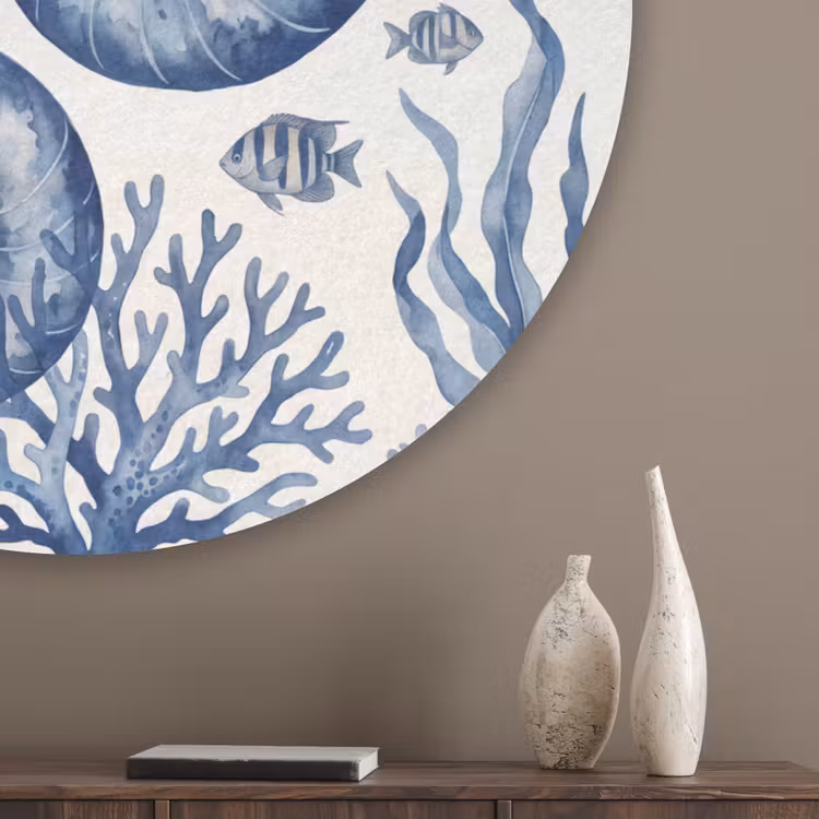 Schelp - Spiraal - Zeeleven - Aquarel - Blauw Akoestische PET Vilt - Rond klein -sfeer5_closeup