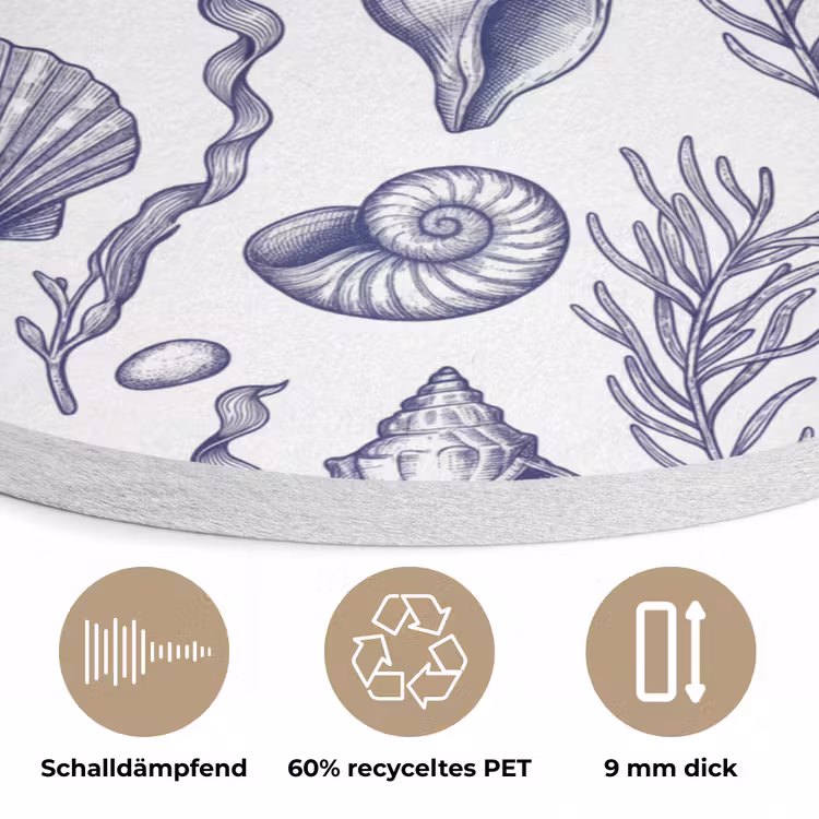 Schelpen - Zeewier - Oceaan - Illustratie - Blauw Akoestische PET Vilt - Rond klein -closeup_DE