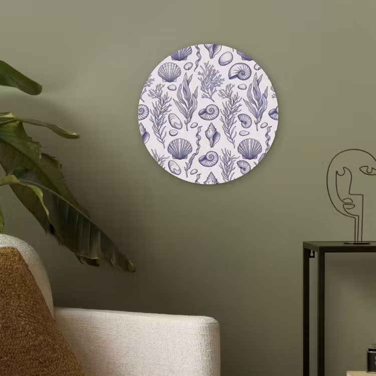 Schelpen - Zeewier - Oceaan - Illustratie - Blauw Akoestische PET Vilt - Rond klein -sfeer2