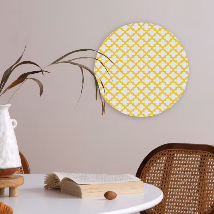Patroon - Geometrisch - Klassiek - Geel Akoestische PET Vilt - Rond klein 838 -sfeer3