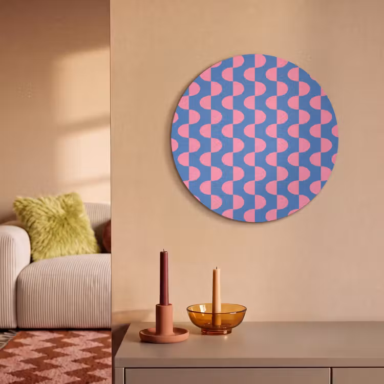 Patroon - Halve cirkels - Abstract - Modern - Roze - Blauw Akoestische PET Vilt - Rond klein -sfeer1