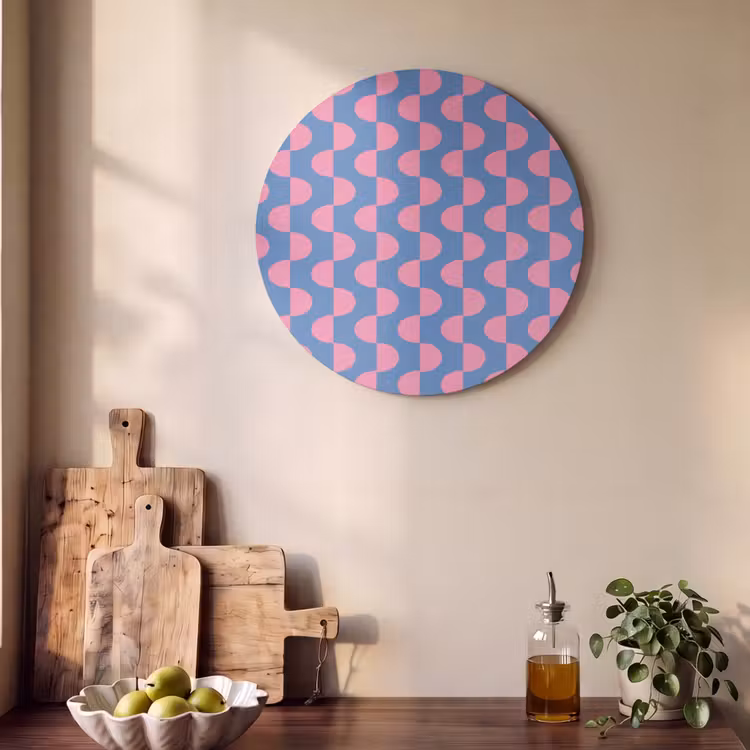 Patroon - Halve cirkels - Abstract - Modern - Roze - Blauw Akoestische PET Vilt - Rond klein -sfeer2