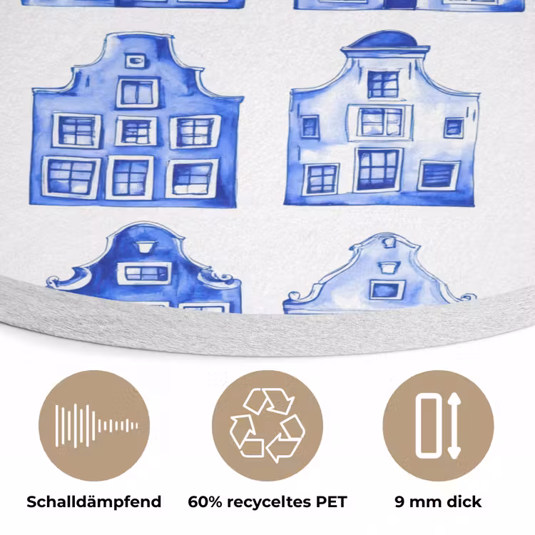 Patroon - Huizen - Blauw Akoestische PET Vilt - Rond klein 838 -closeup_DE